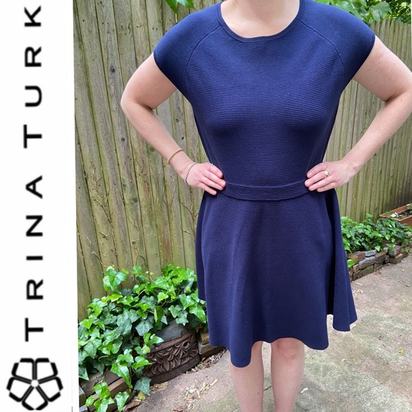 $324 Trina Turk Fit-&-Flare Navy Sweater Dress — size XL, NWT - Picture 7 of 10